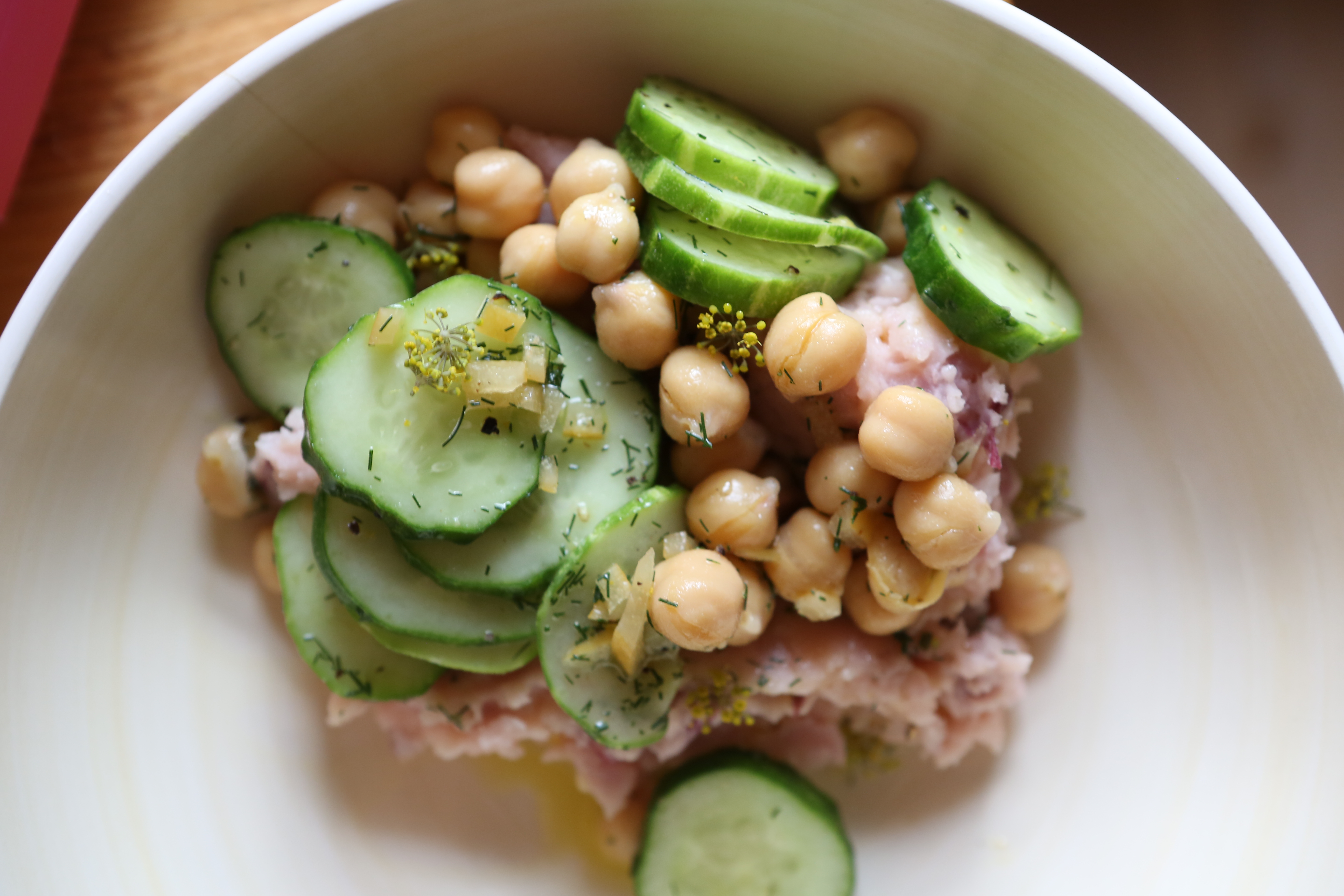 Midweek Mashed potatoes (for Mirra) with chickpea/cucumber/preserved lemon salad | The Perennial Pla